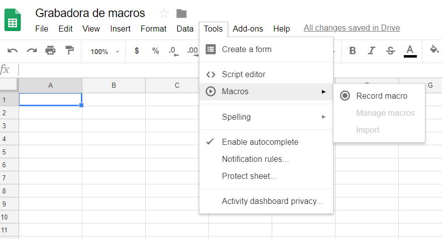 Grabadora de macros en Google Sheets